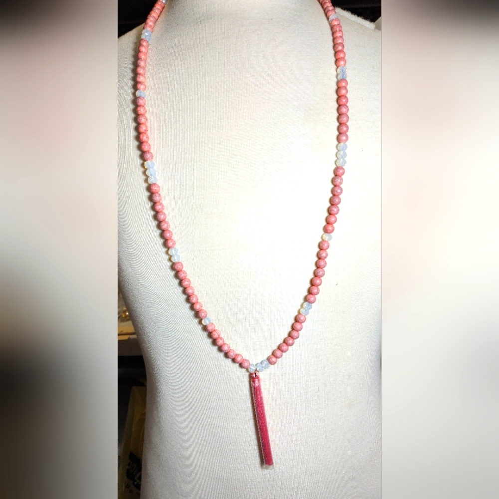 Long Elegant Pink Beaded Necklace With Tassel. (Tassel Still In ptotect Sleeve)